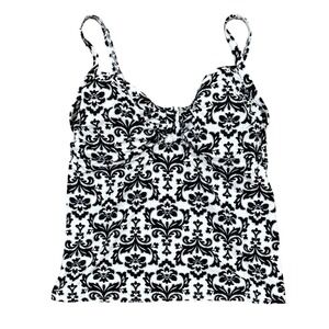 Lands End Womens Black White Damask Underwire Tankini Swim Top 10 D Cup